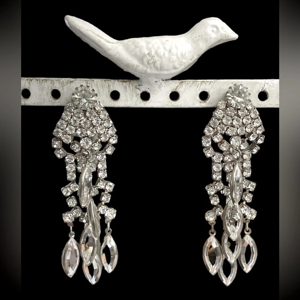Stunning 1950’s Vintage Navette Crystal Rhinestone Chandelier Earrings.
